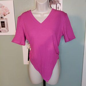 Asymmetrical Hem Short Sleeve V Neck Ruched Sides Top